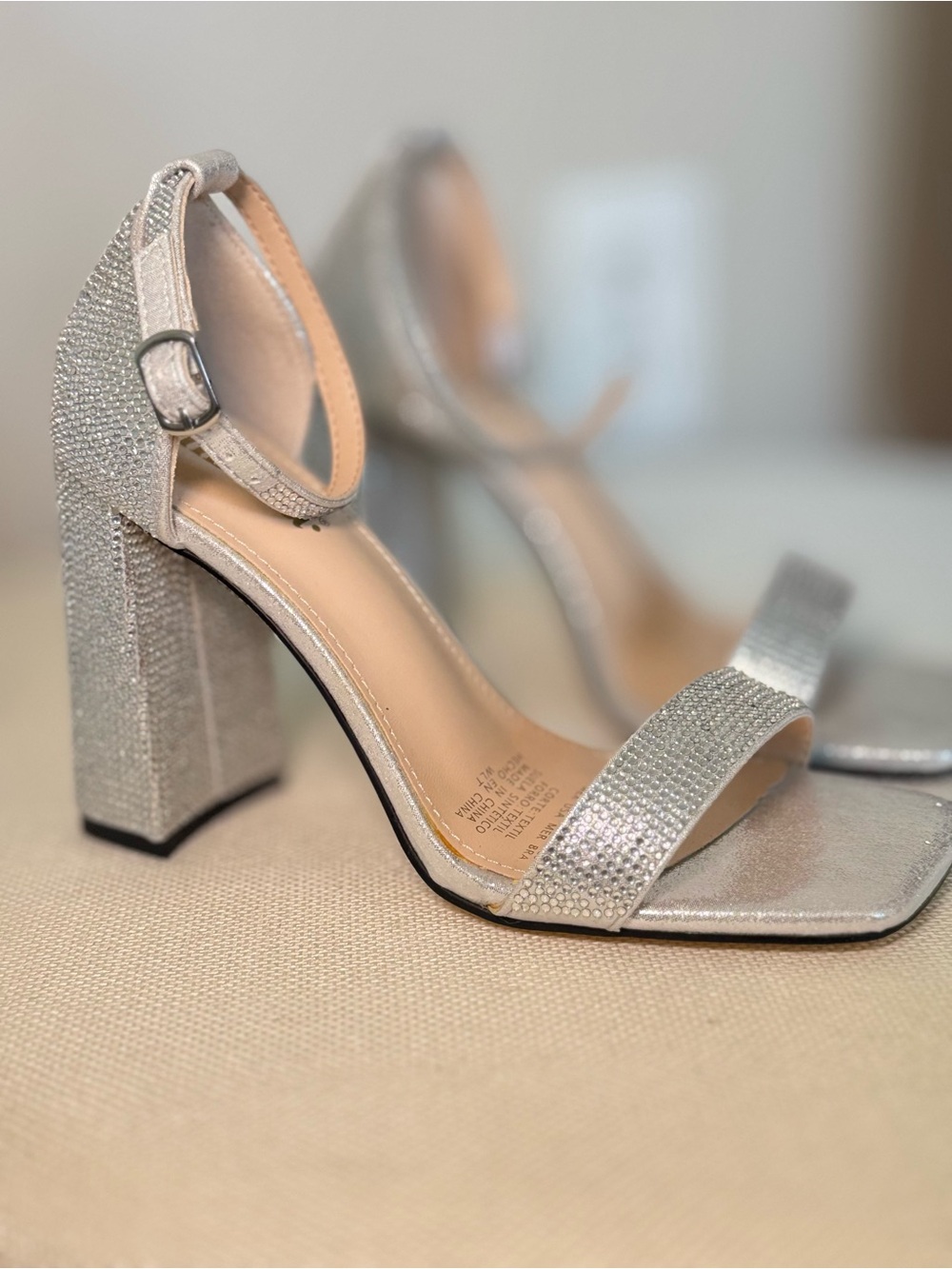 Women's Silver Ankle-Strap Block Heel Sandals